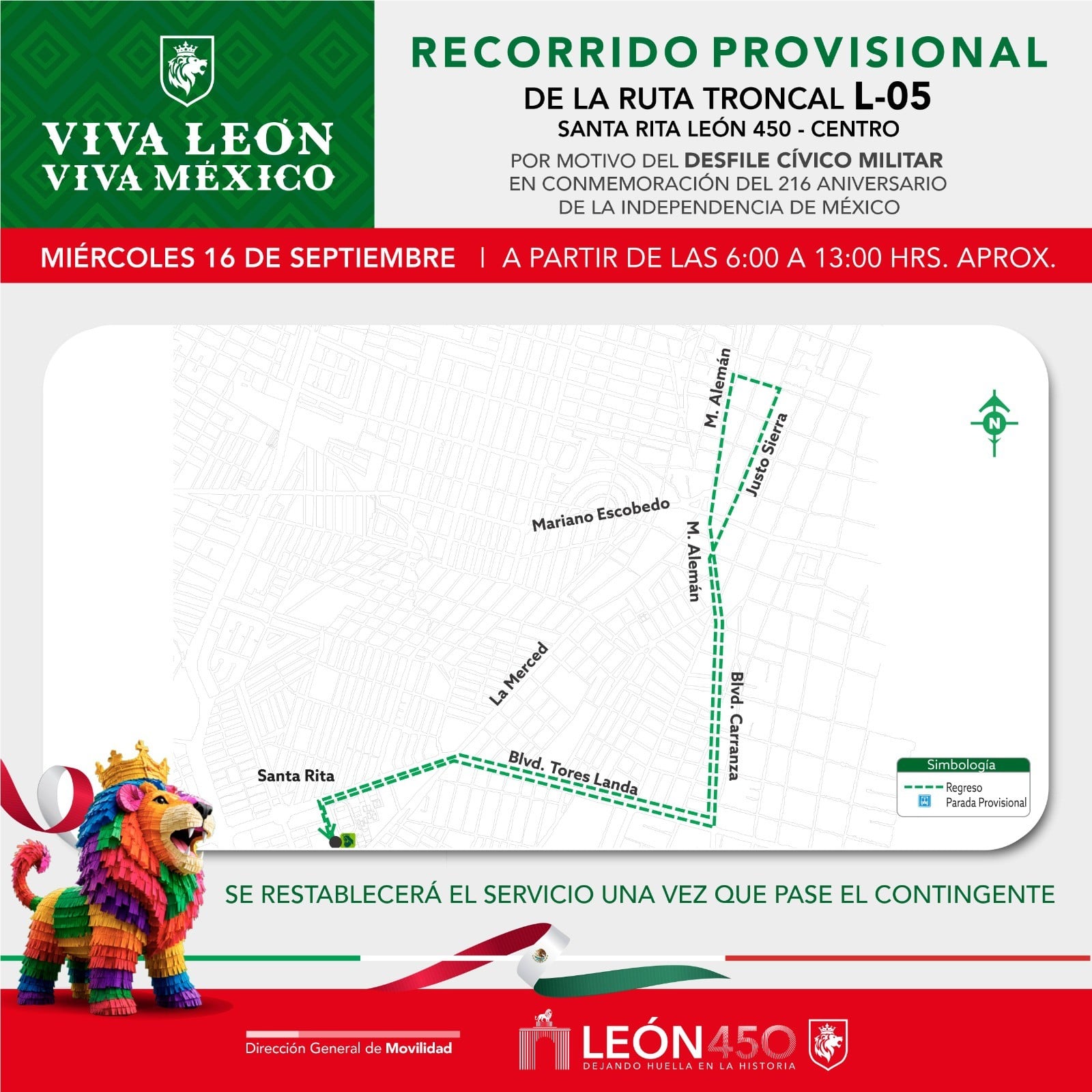 León aplicará desvíos al transporte público durante desfile de Independencia