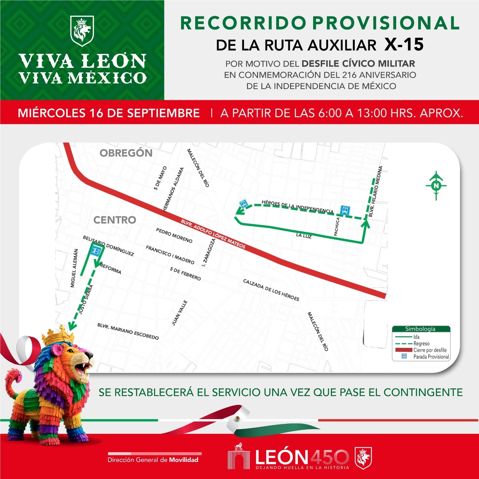 León aplicará desvíos al transporte público durante desfile de Independencia