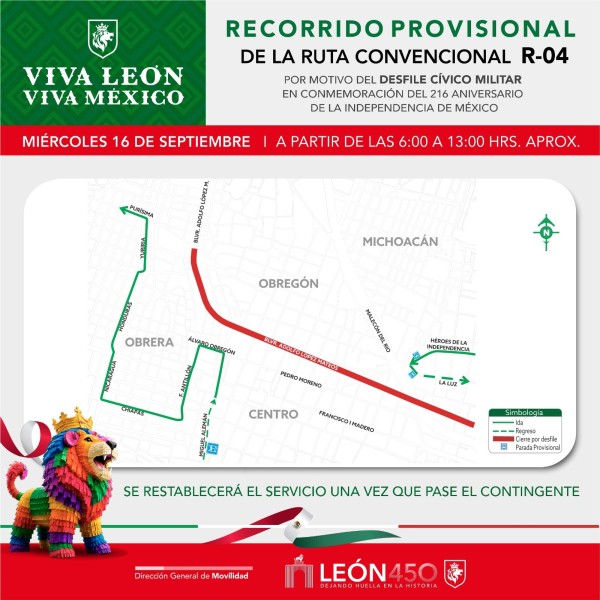 León aplicará desvíos al transporte público durante desfile de Independencia