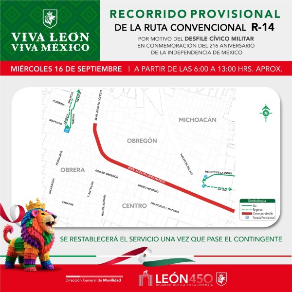 León aplicará desvíos al transporte público durante desfile de Independencia