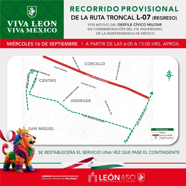León aplicará desvíos al transporte público durante desfile de Independencia