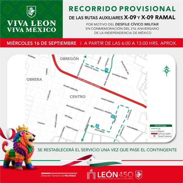 León aplicará desvíos al transporte público durante desfile de Independencia
