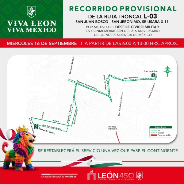 León aplicará desvíos al transporte público durante desfile de Independencia