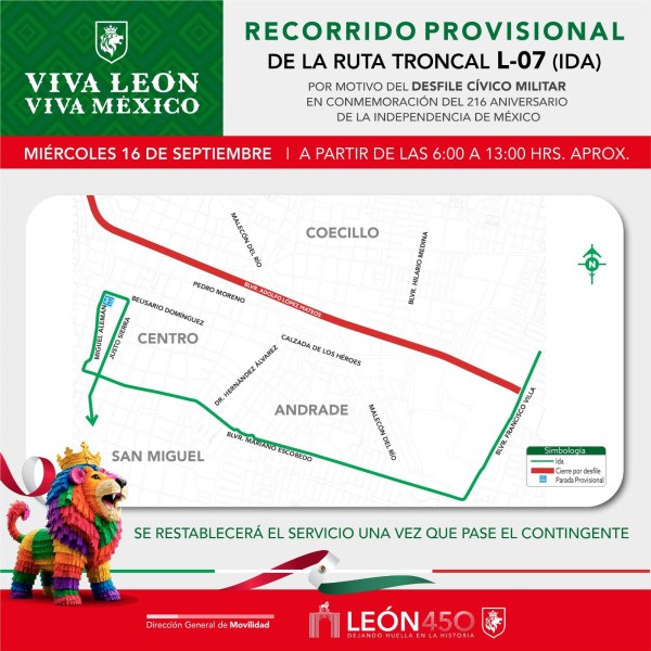 León aplicará desvíos al transporte público durante desfile de Independencia