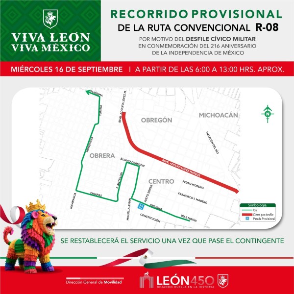 León aplicará desvíos al transporte público durante desfile de Independencia
