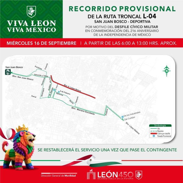 León aplicará desvíos al transporte público durante desfile de Independencia
