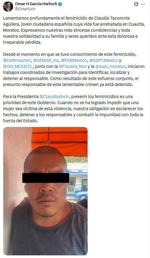 Detienen a presunto responsable del feminicidio de joven española en Cuautla