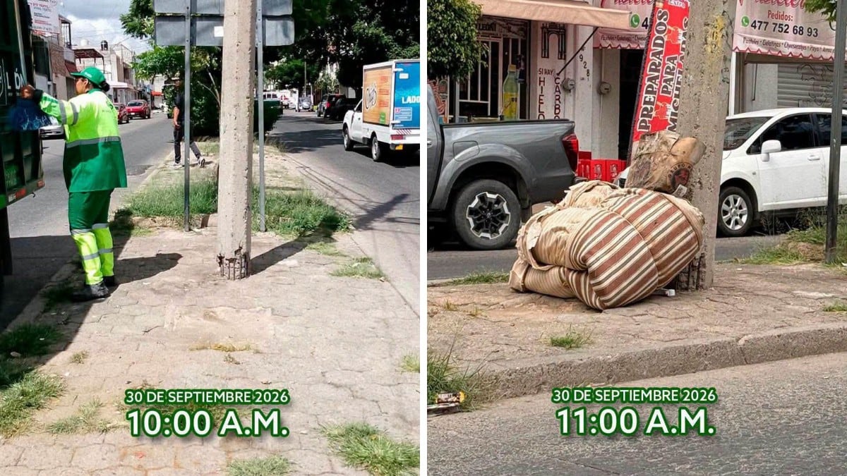 ¡No duró ni una hora! Limpian poste lleno basura en León... pero lo ensucian minutos después