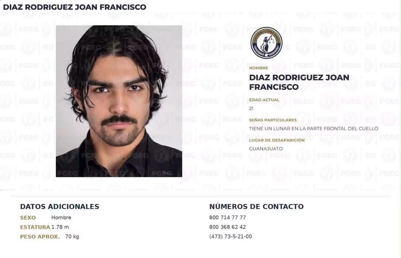 Buscan a Joan Francisco Díaz Rodríguez, de 21 años, en Guanajuato