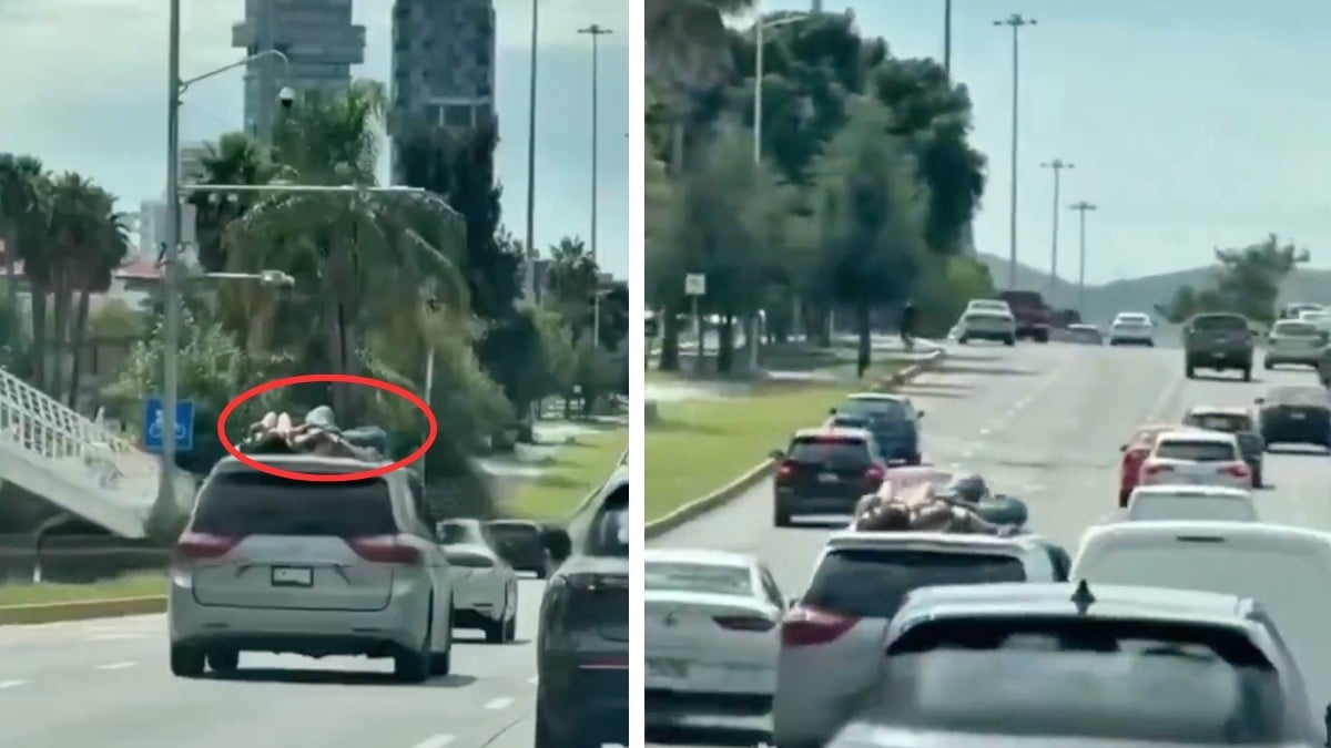 VIDEO ¡Captan a dos mujeres acostadas en el techo de una camioneta en pleno bulevar!