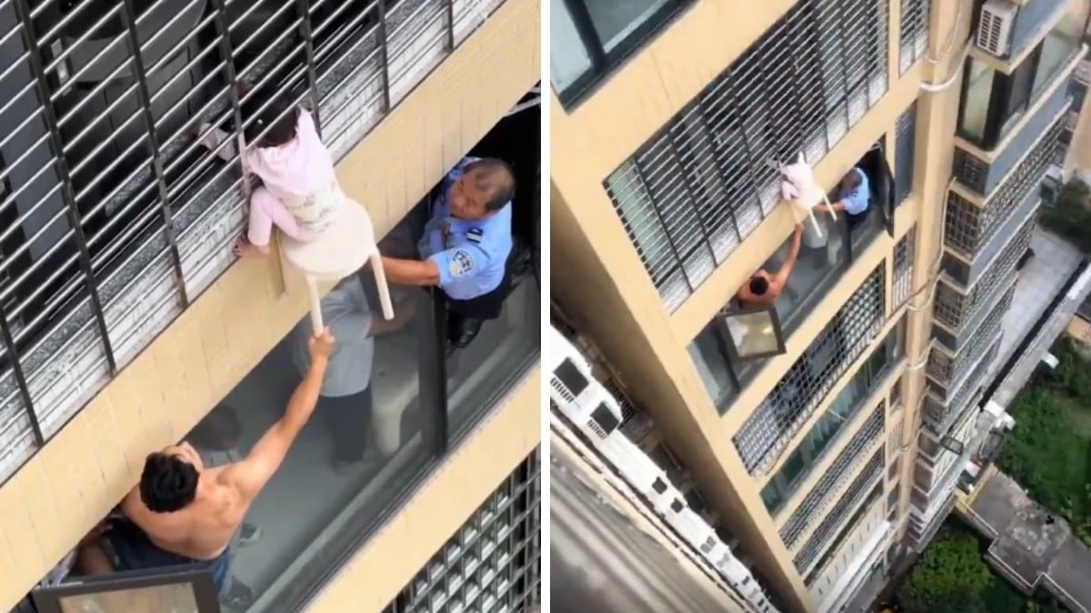 VIDEO Mamá salió a comprar comida y cuando volvió encontró a su hija colgando del 12° piso