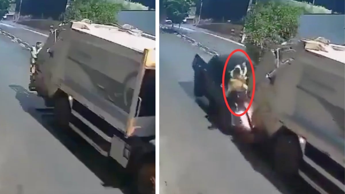 VIDEO ¡De milagro! Trabajador salta de un camión segundos antes de que camioneta lo prense