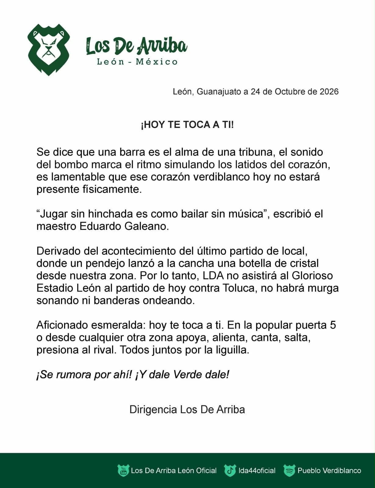 Castigan a Los de Arriba y no podrán alentar al León ante Toluca