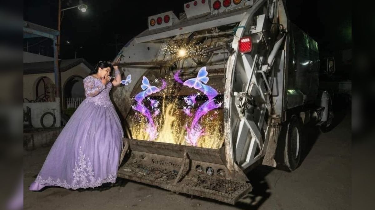 Quinceañera posa en el camión de basura que maneja su papá