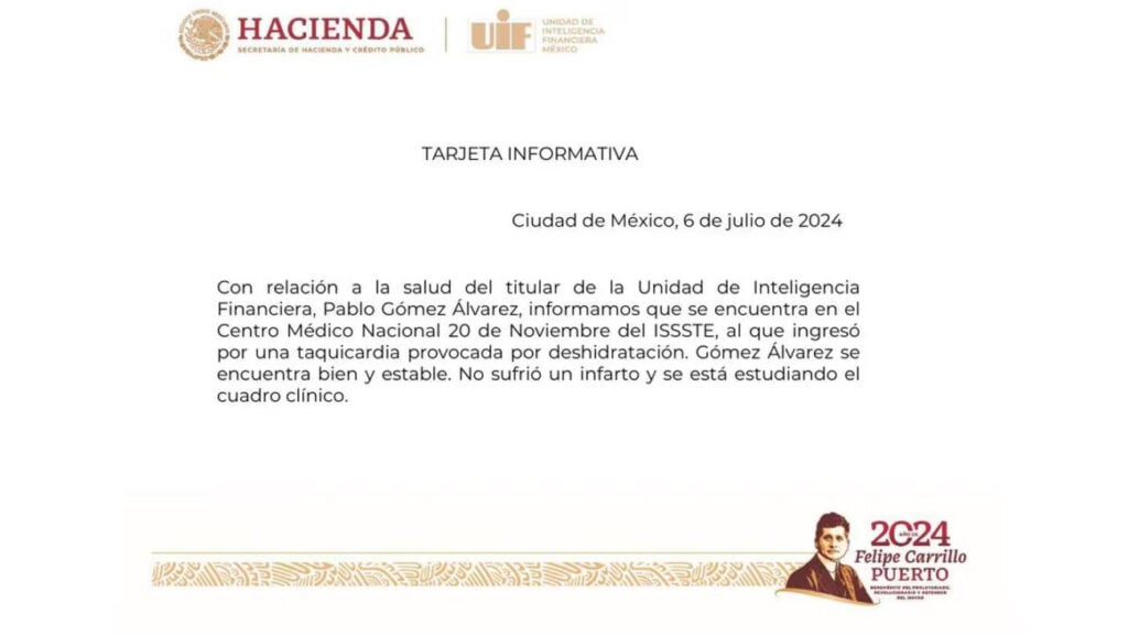 Hospitalizan a Pablo Gómez, titular de la UIF