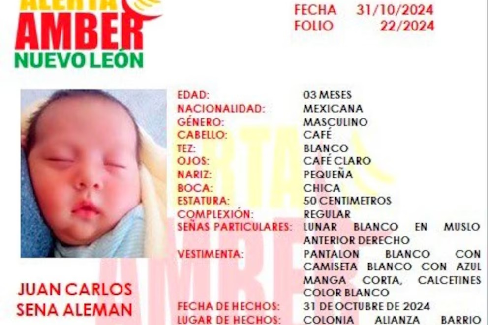 Alerta Amber en Nuevo León: Roban a bebé de 3 meses