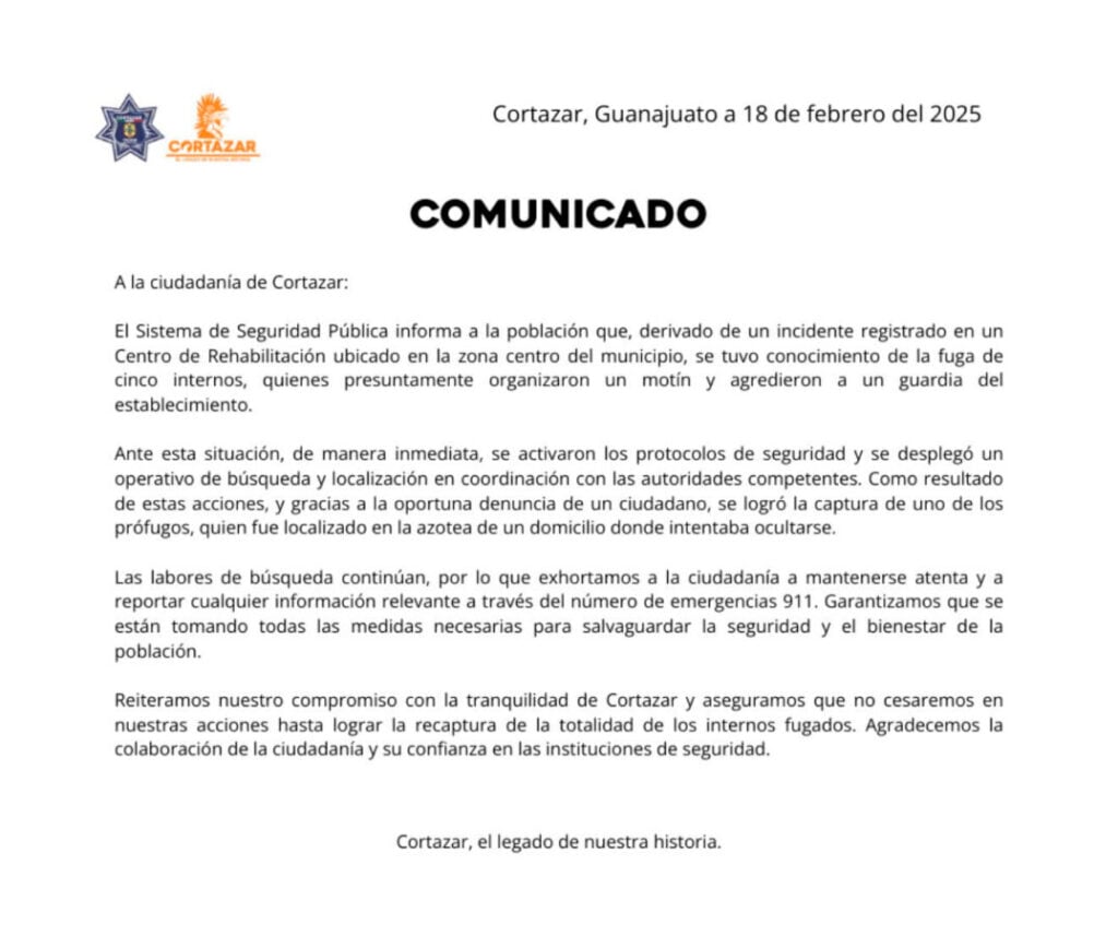 Cortazar: Internos de anexo golpearon al guardia y huyeron