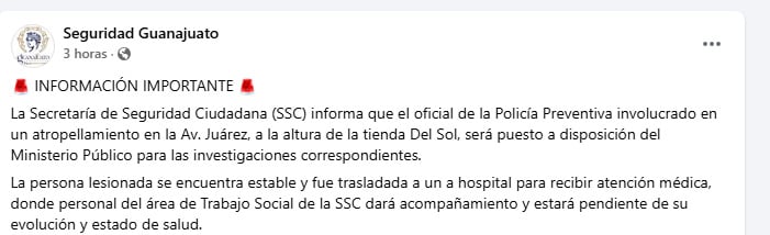 Guanajuato capital: Policía municipal arrolla a persona