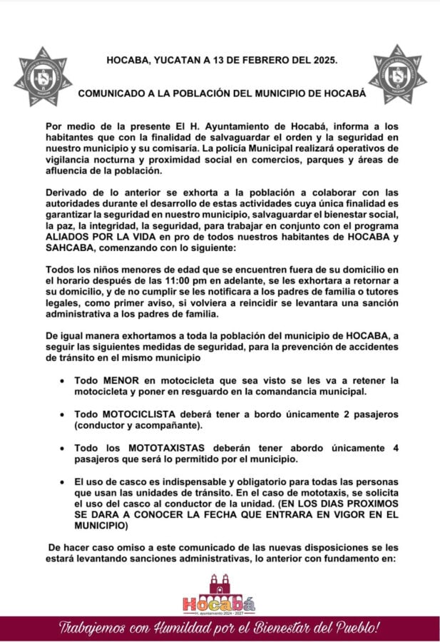 Hocabá, Yucatán, anuncia toque de queda para menores