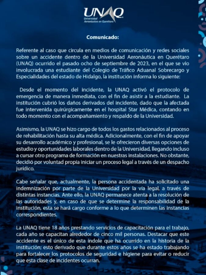 Querétaro: Estudiante de aviación se fractura la columna en simulacro y demanda a universidad