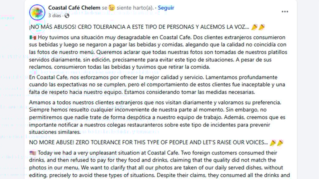 Yucatán: Turistas comen en una cafetería y se negaron a pagar 