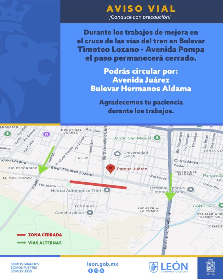 Timoteo Lozano: Obras en vías del tren provocarán cierre vial