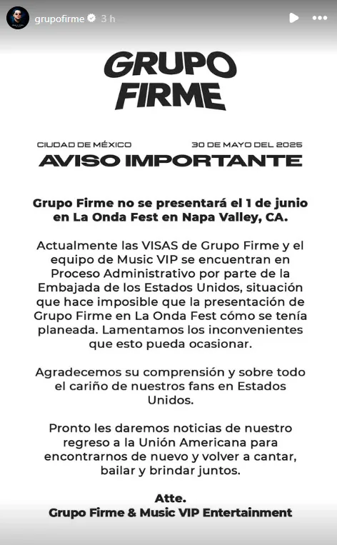 Grupo firme se queda sin visa y cancela concierto en EU 