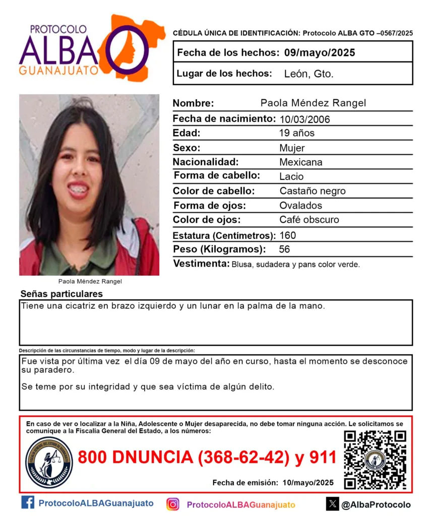Desaparece Paola Méndez Rangel y activan Protocolo Alba