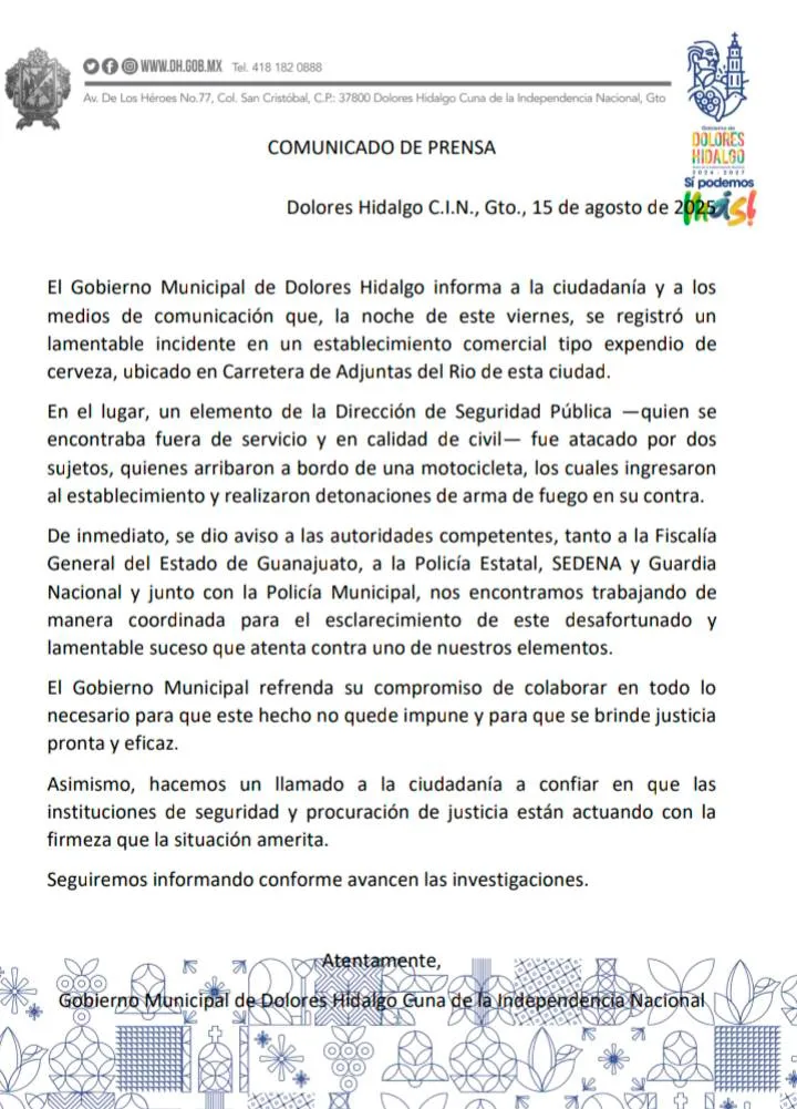 Dolores Hidalgo: Policía municipal es atacado en su día de descanso